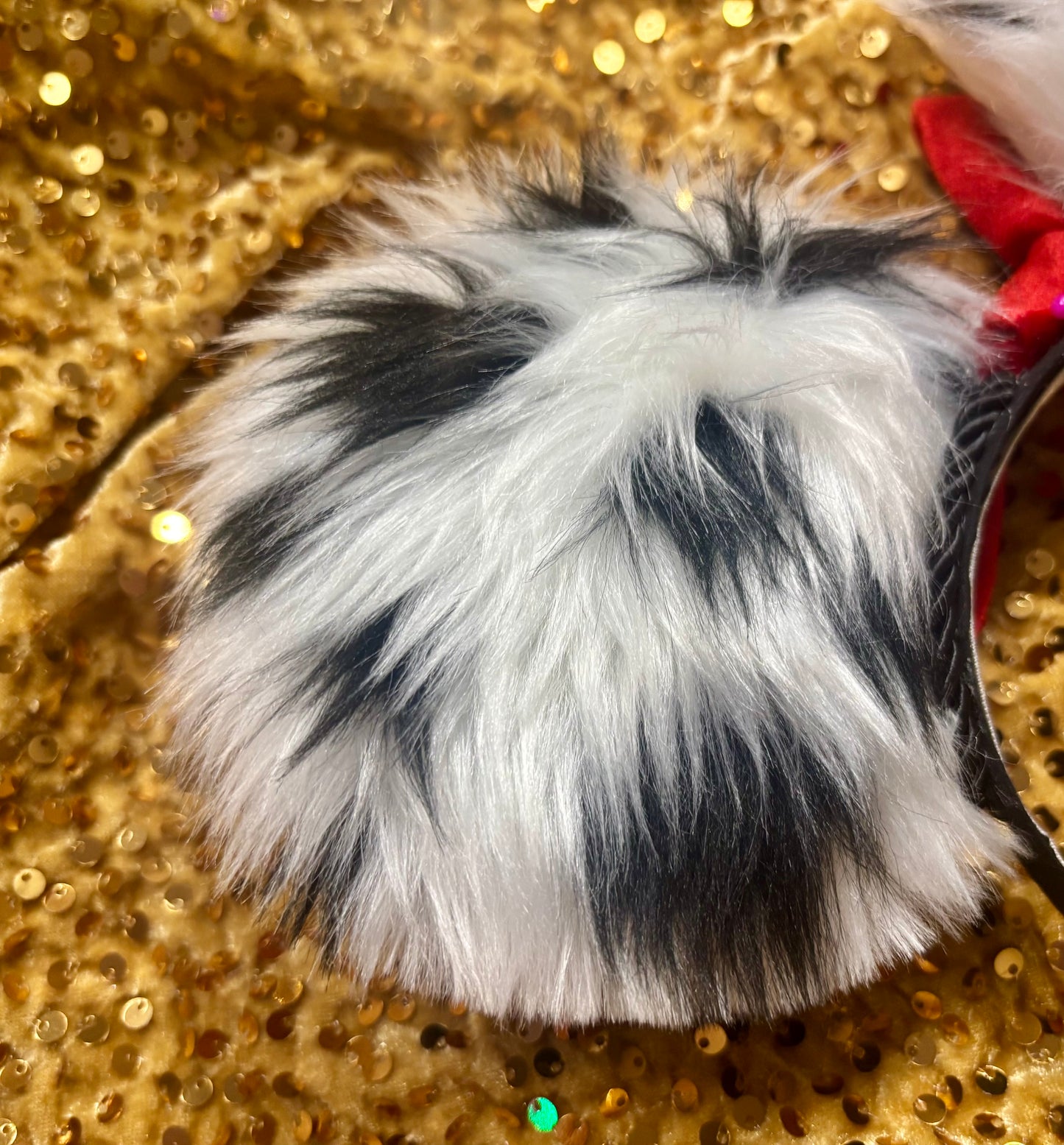Cruella De Vil Inspired Mouse Ears | Black & White Faux Fur Red Bow Theme Park Headband