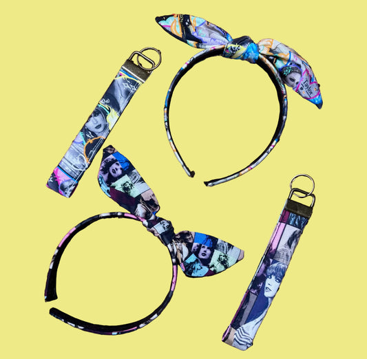 Handmade and ready to ship. Two headbands and two keychain wristlets featuring Taylor on them.