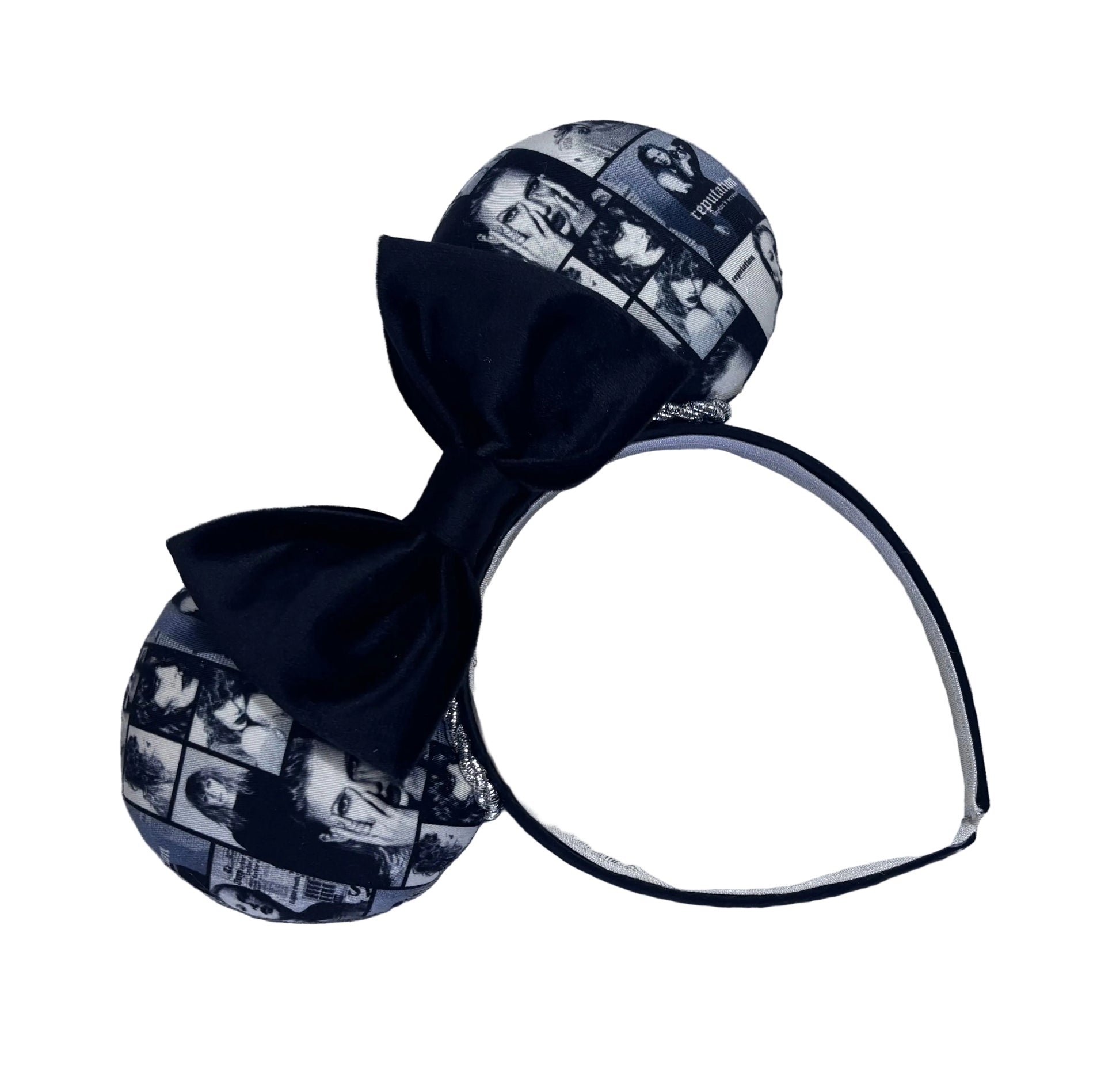 Handmade and ready to ship "BAD' reputation Mouse ears with a new beautiful black velvet bow. Of course, you can still request any bow in sequin if you prefer and I will attach it. Shown on a white background.