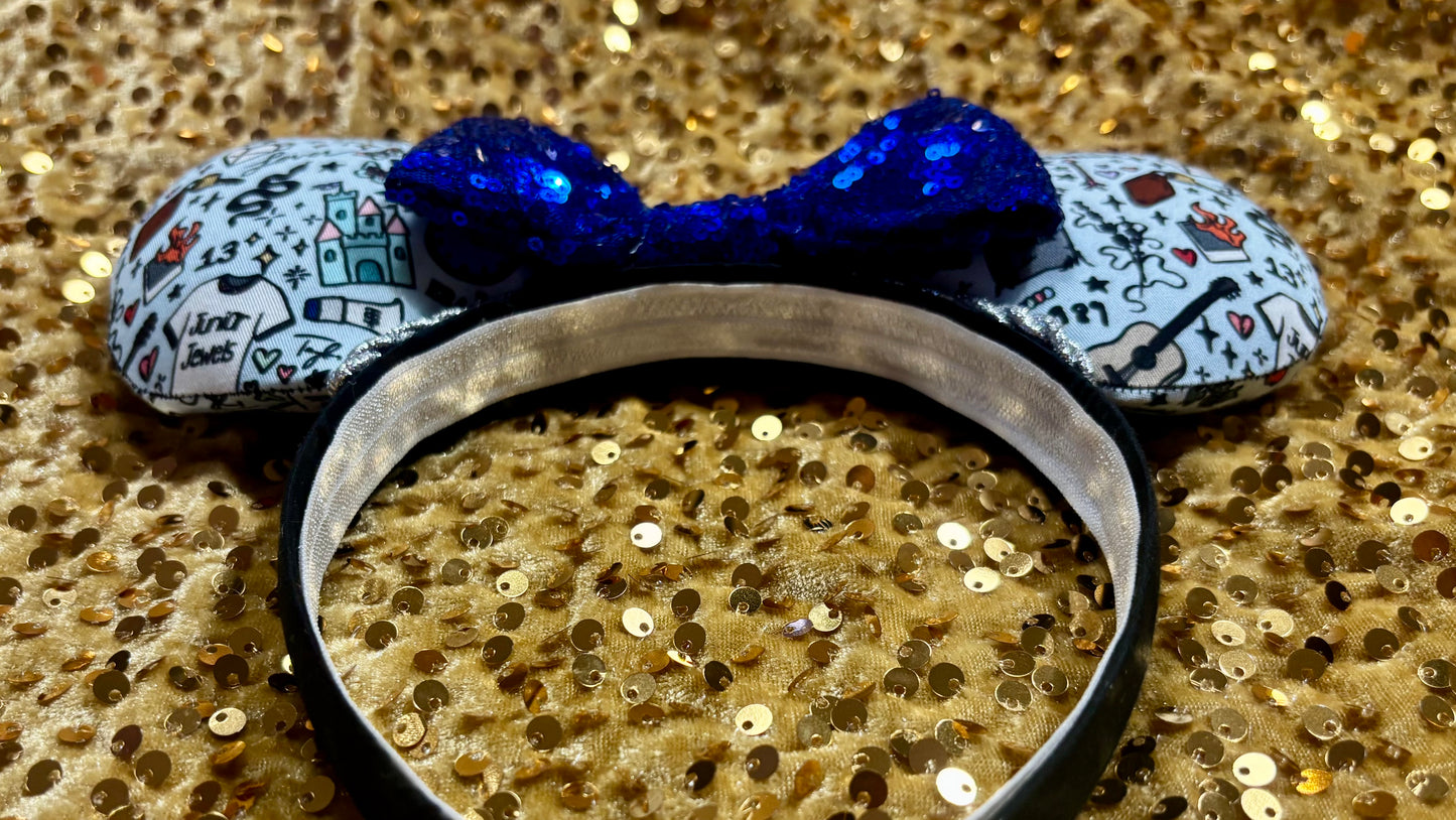 Tay Doodles Mouse Ears | Handmade Taylor-Inspired Doodle Disney Headband with Blue Sequin Bow