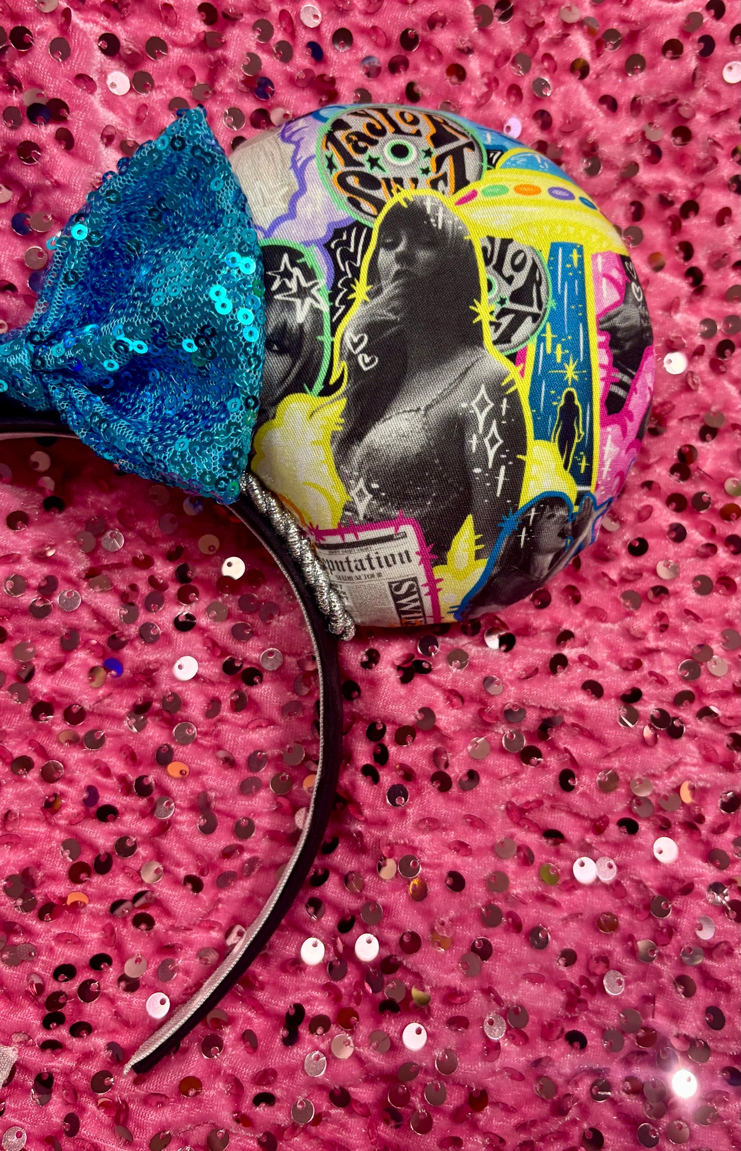 Neon Fortnight Mouse Ears - Taylor Swift Inspired Headband with Blue Sequin Bow