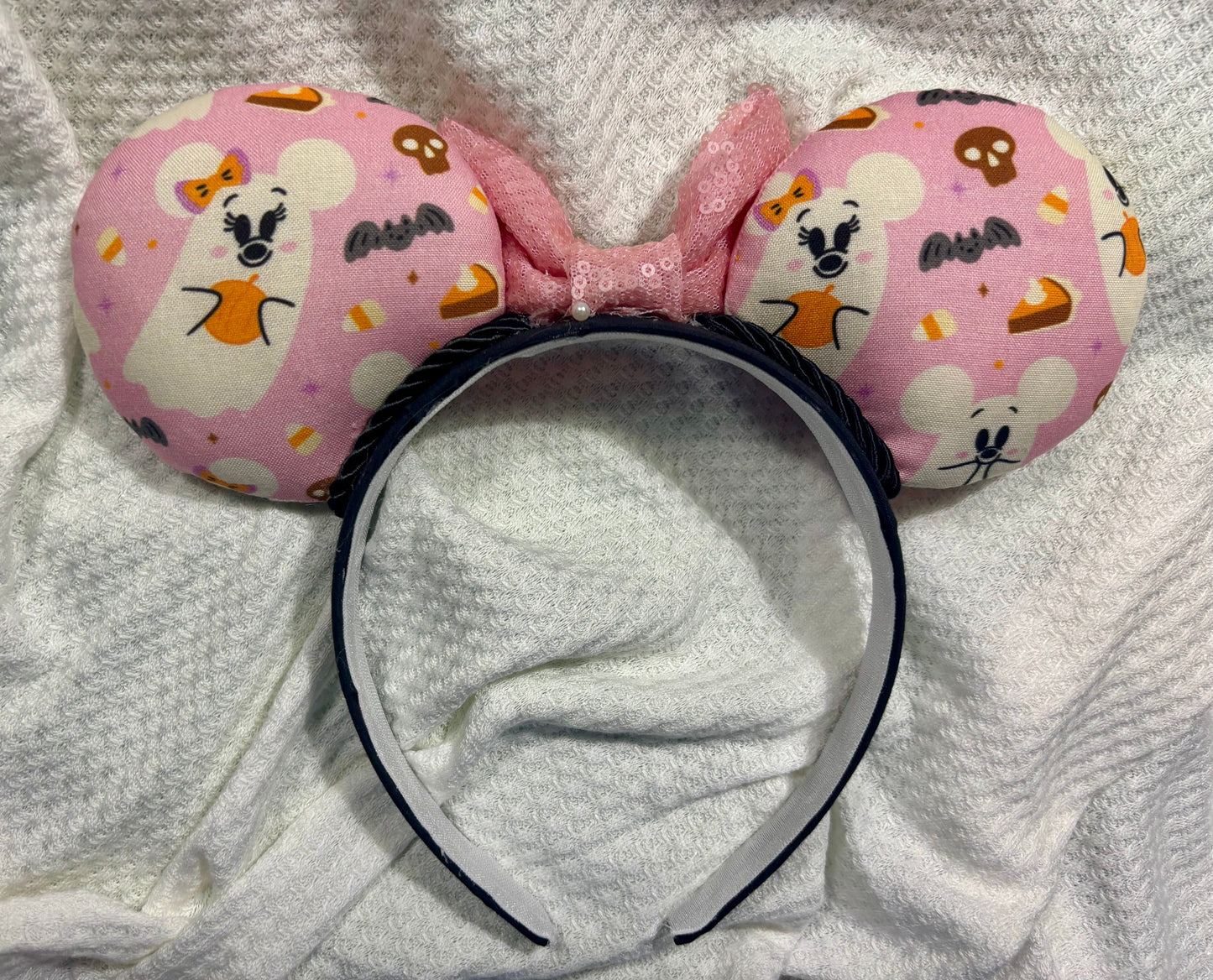 Pink Ghost Mouse Ears | Spooky-Cute Halloween Headband with Pink Sequin Bow