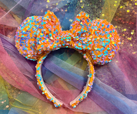 Orange Velvet & Mint Sequin Mouse Ears | Showgirl Era Deluxe Theme Park Headband