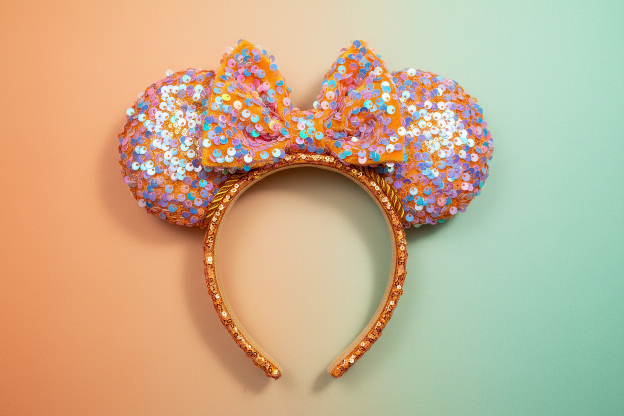 Sparkly orange mouse ear headband. Bow is the same are ears and headband. Shown on a gradient background