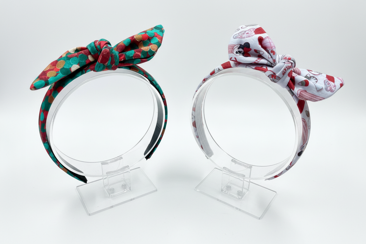 Two Handmade and ready to ship twisted bow headbands with designs in Christmas dots and Stocking Stuffers. Fabric is a soft and stretchy cotton Lycra fabric on universal sized headbands. 
