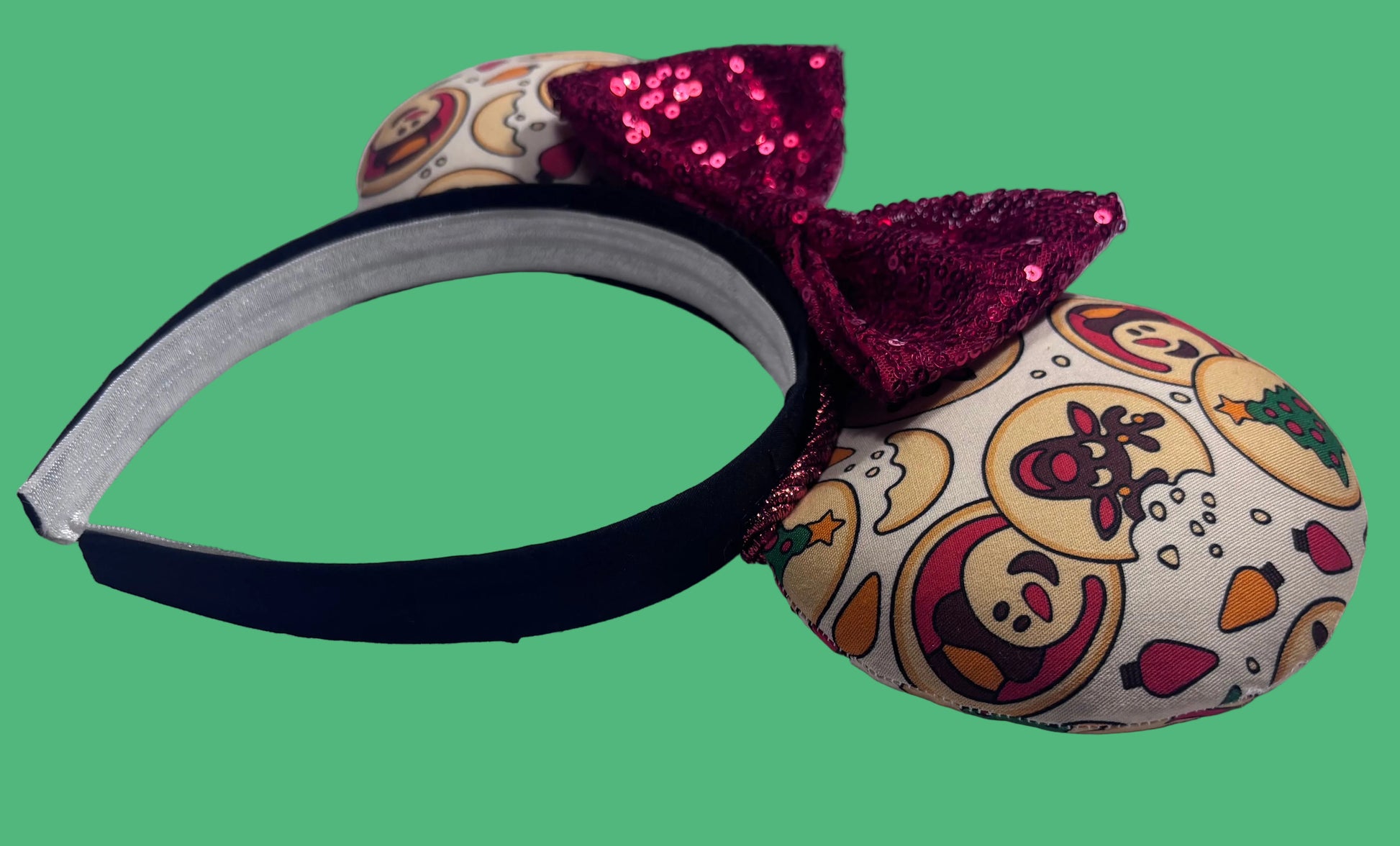 Handmade and ready to ship Christmas Sugar Cookie mouse ears with the fabric on both the front and back. Side closeup view of the custom ears.
