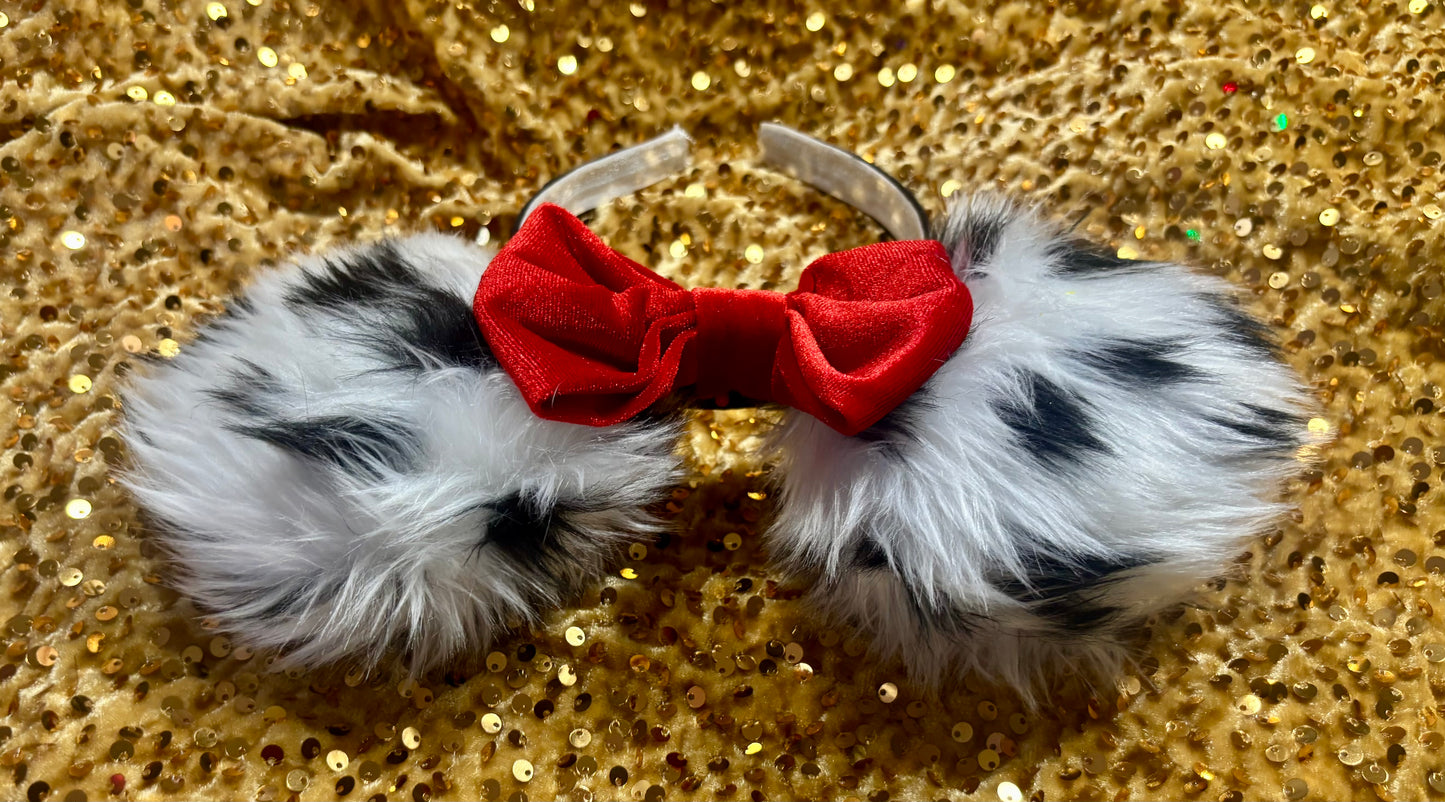 Cruella De Vil Inspired Mouse Ears | Black & White Faux Fur Red Bow Theme Park Headband