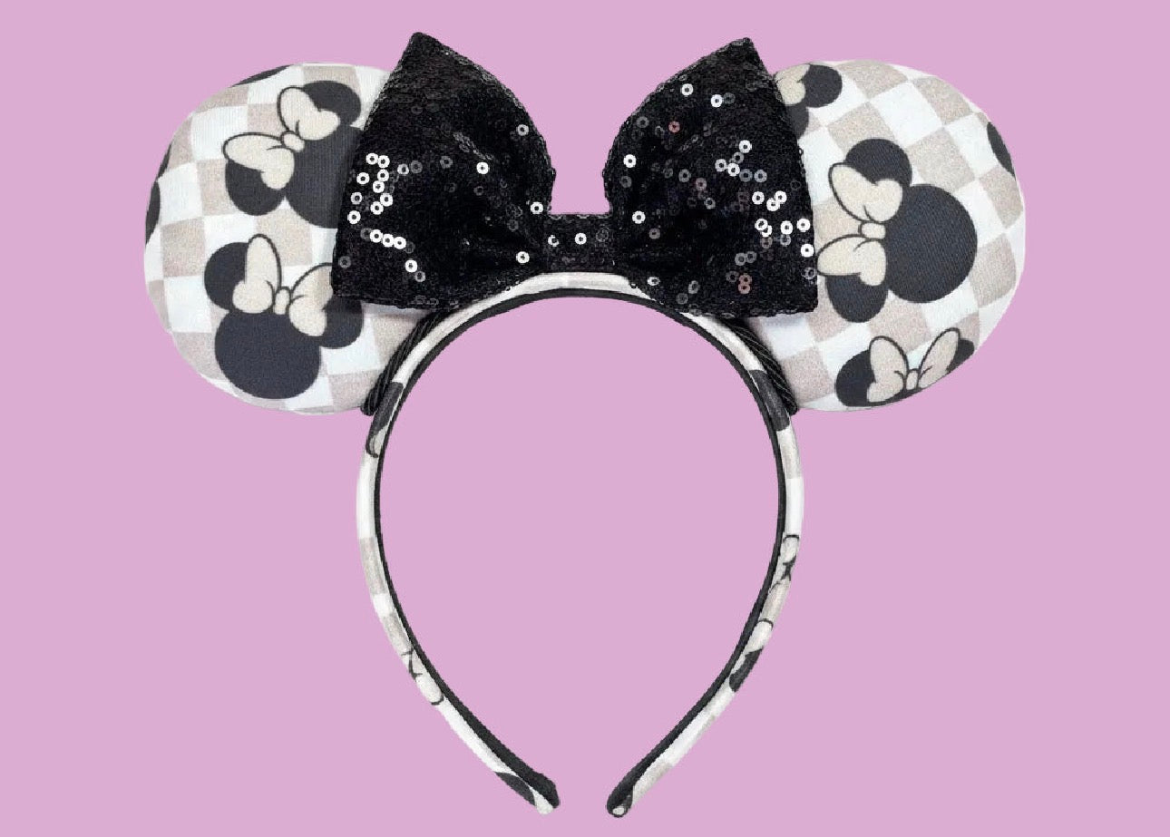 Mouse Checkered Ear Headband – Handmade Sequin Bow Accessory
