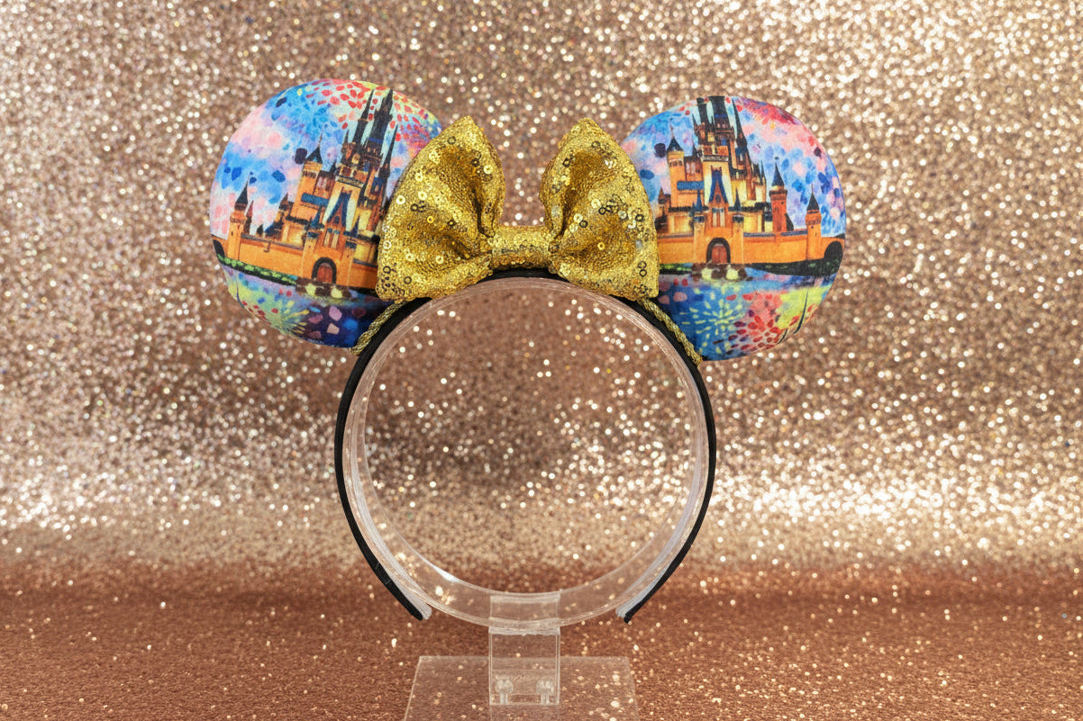 Colorful castle printed mouse ears with a gold sequin bow. Shown on a glittery background