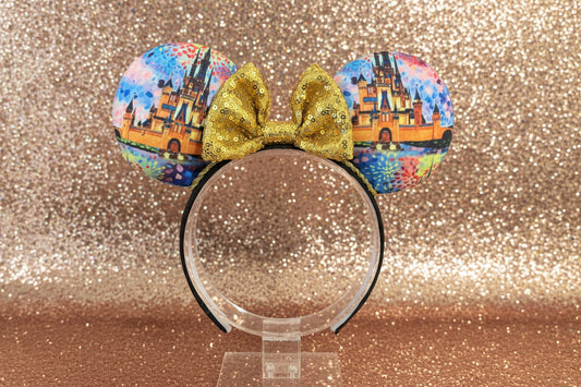 Colorful castle printed mouse ears with a gold sequin bow. Shown on a glittery background