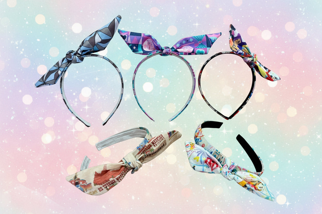 Set of colorful headbands with bow designs on a gradient background