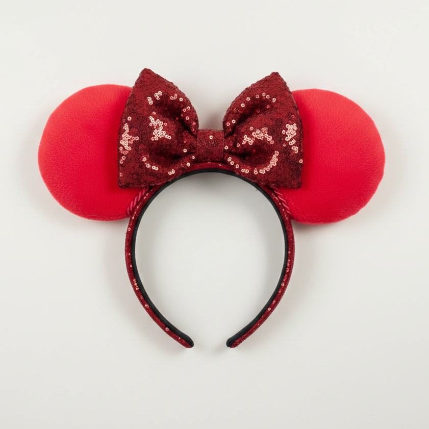 Handmade and ready to ship. Plush Red mouse ears with a red sequin bow with red twisted trim on a universal sized headband that also has red plush fabric on it and is elastic lined.