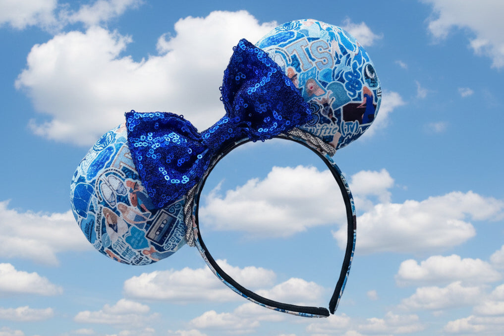 Blue Mouse Ears Headband with Silver Trim & Sequin Bow