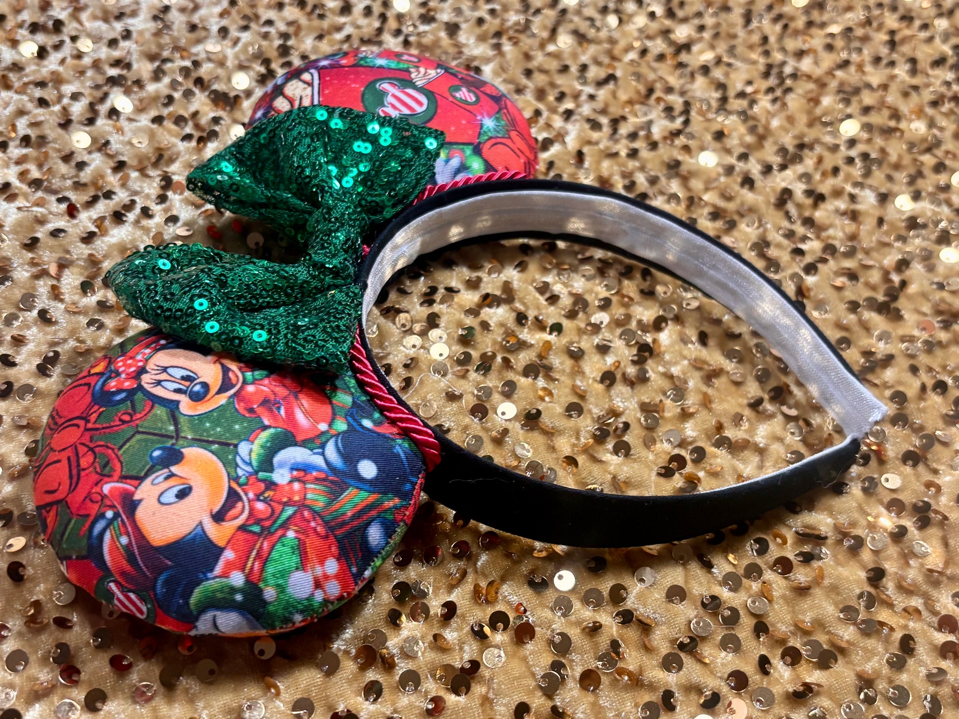 Handmade and ready to ship mouse ears with Cartoon characters and coffee cups on the fabric front and back. Set and handstitched to a universal sized headband. Default bow is green, but you can write a note and request any other color if you prefer.