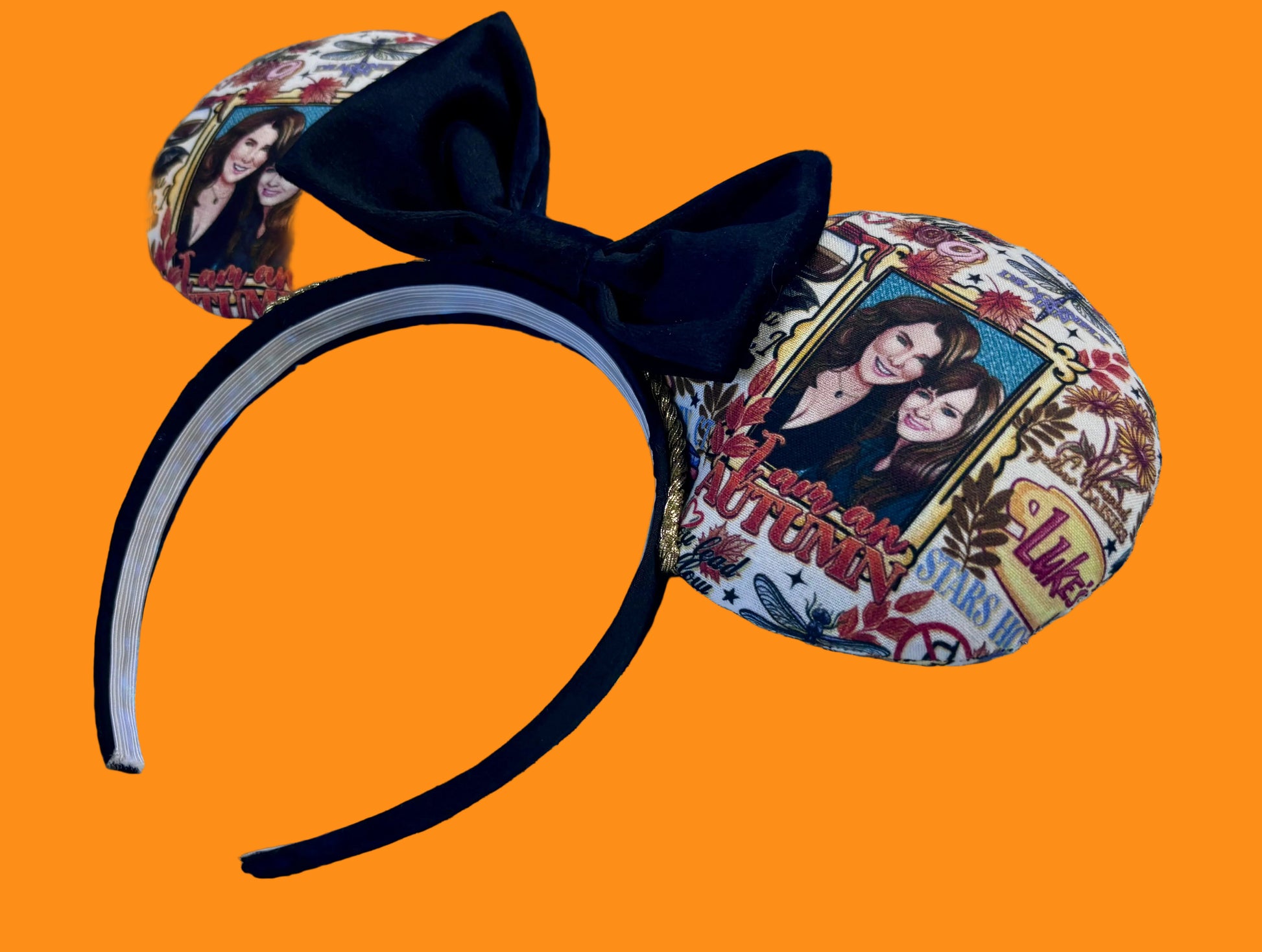 Handmade and ready to ship GG inspired mouse ears with the fabric on both the front and back showing Rory and Lorelai. On a black universal sized headband. The set has a BLACK VELVET bow, but you can request any sequin color in your order and I'll attach it.