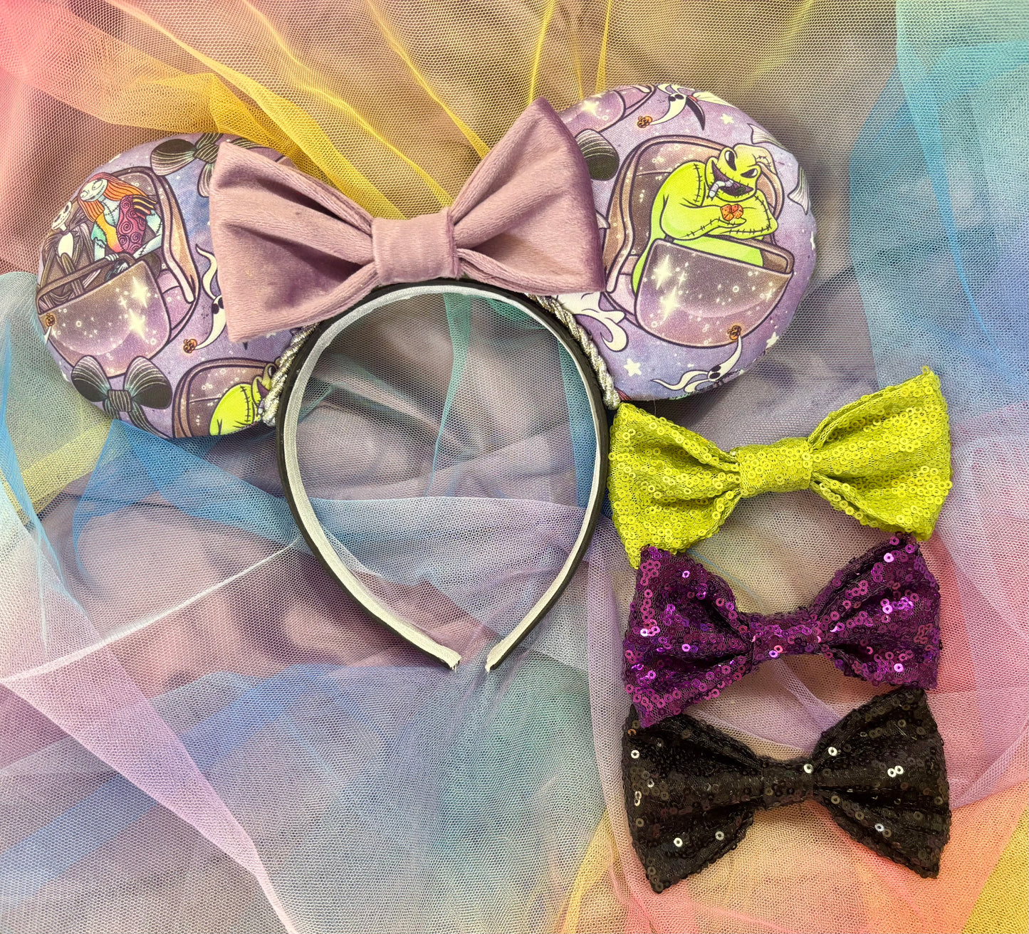 Nightmare Before Christmas x Haunted Mansion Mouse Ears – Handmade Disney Headband with Purple Velvet Bow