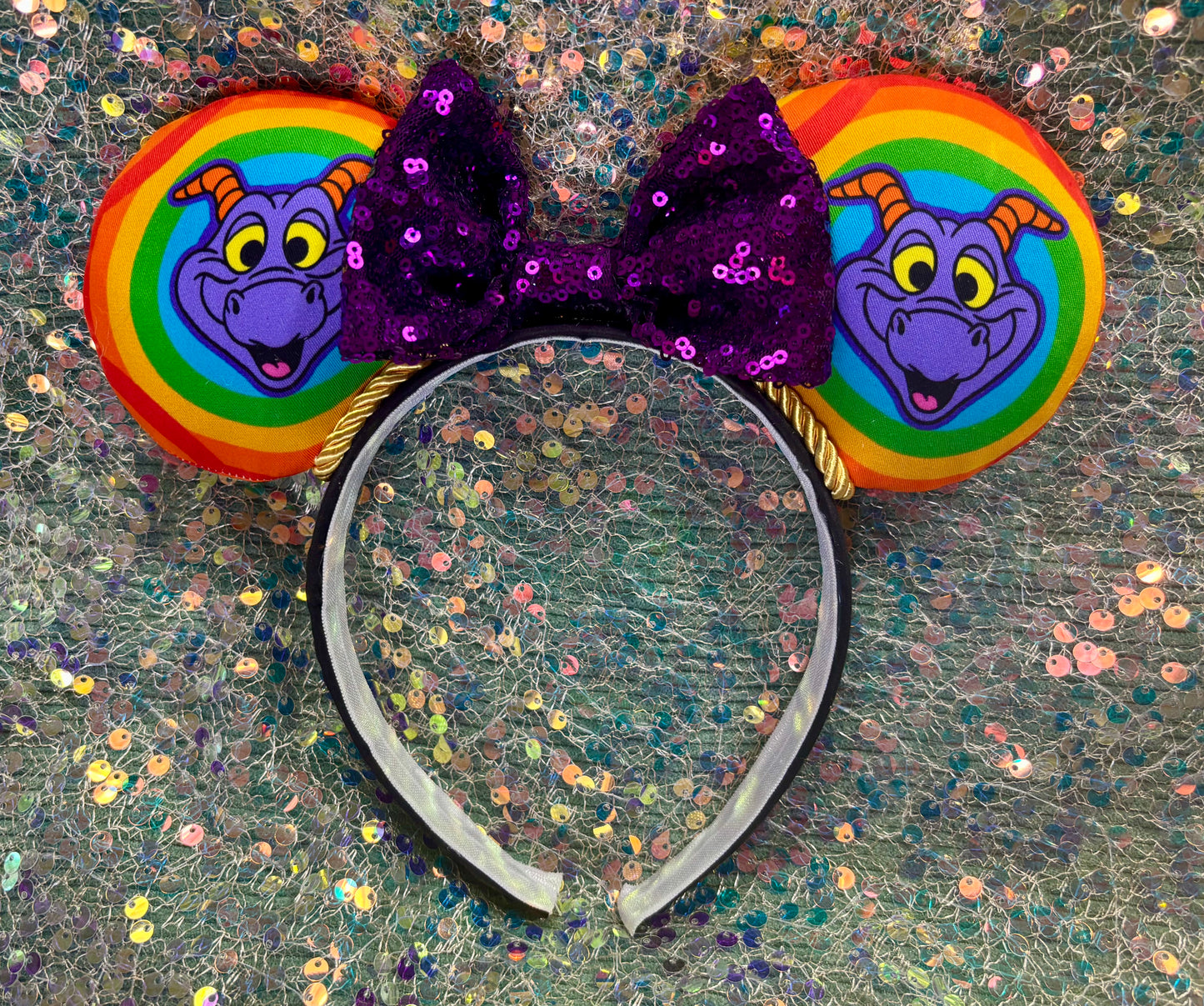 Figment Inspired Mouse Ears | Purple & Yellow Epcot Dragon Headband with Sequin Bow