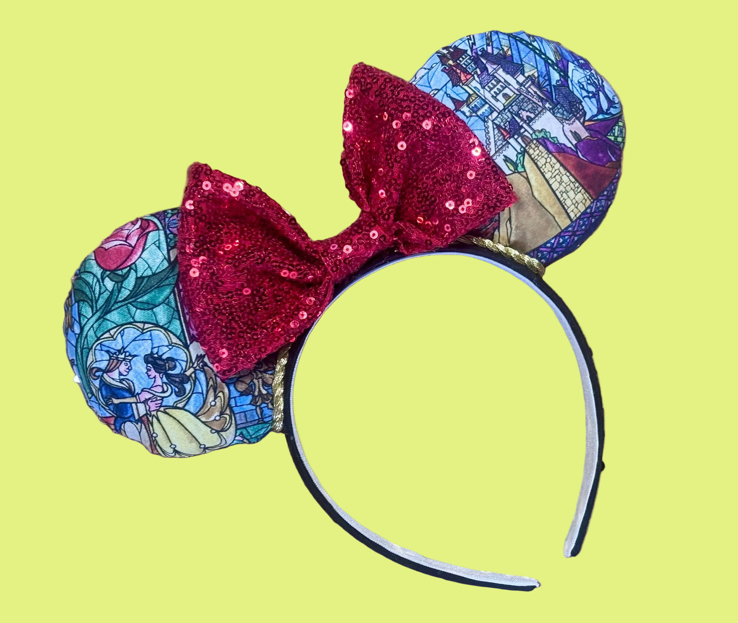 Handmade and ready to ship Stained Glass themed from BATB mouse ears with the fabric on both the front and back. On a black universal sized headband. The set has a RED sequin bow, but you can request any sequin color in your order and I'll attach it.