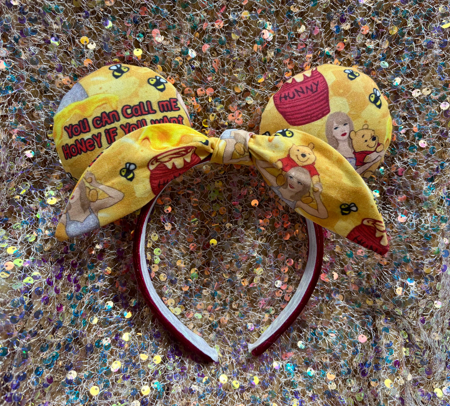 Honey Pooh Twisted Bow Mouse Ears – Handmade Disney-Inspired Headband
