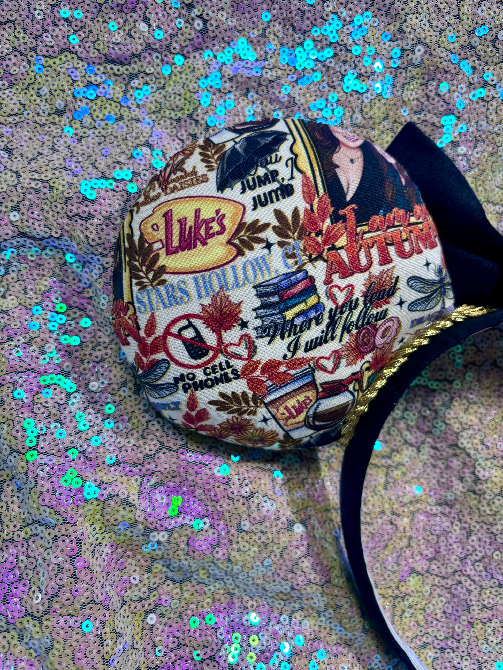 Back close up of left mouse ear and the details in the fabric. Handmade and ready to ship.