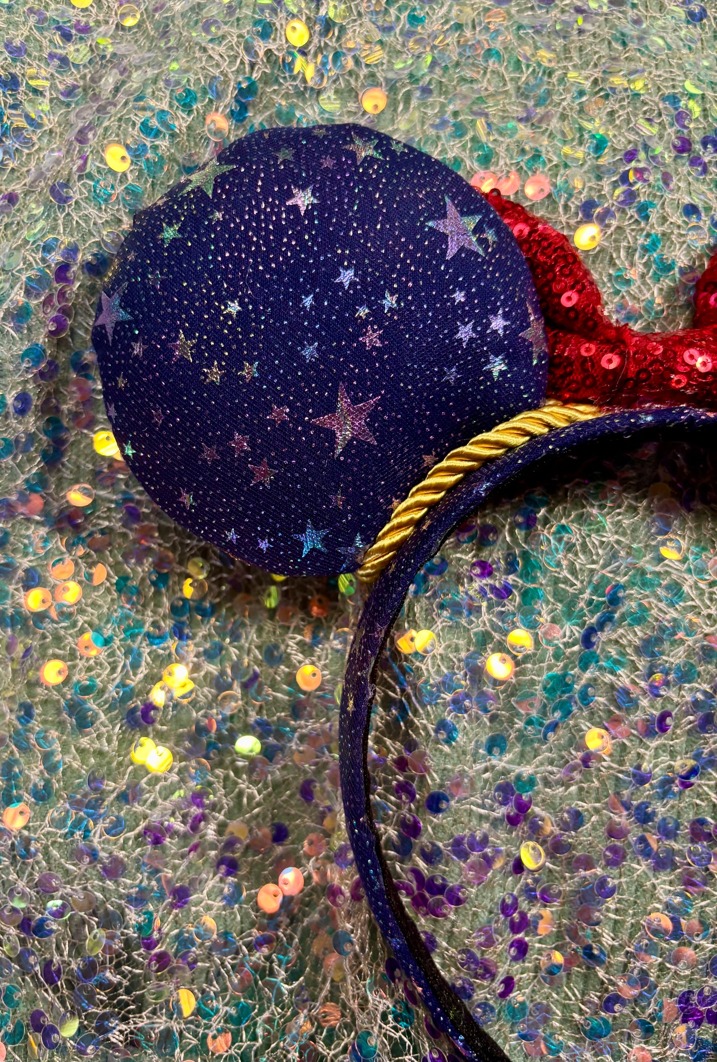 Sorcerer Mickey Inspired Mouse Ears | Galaxy Fabric & Gold Trim Theme Park Headband