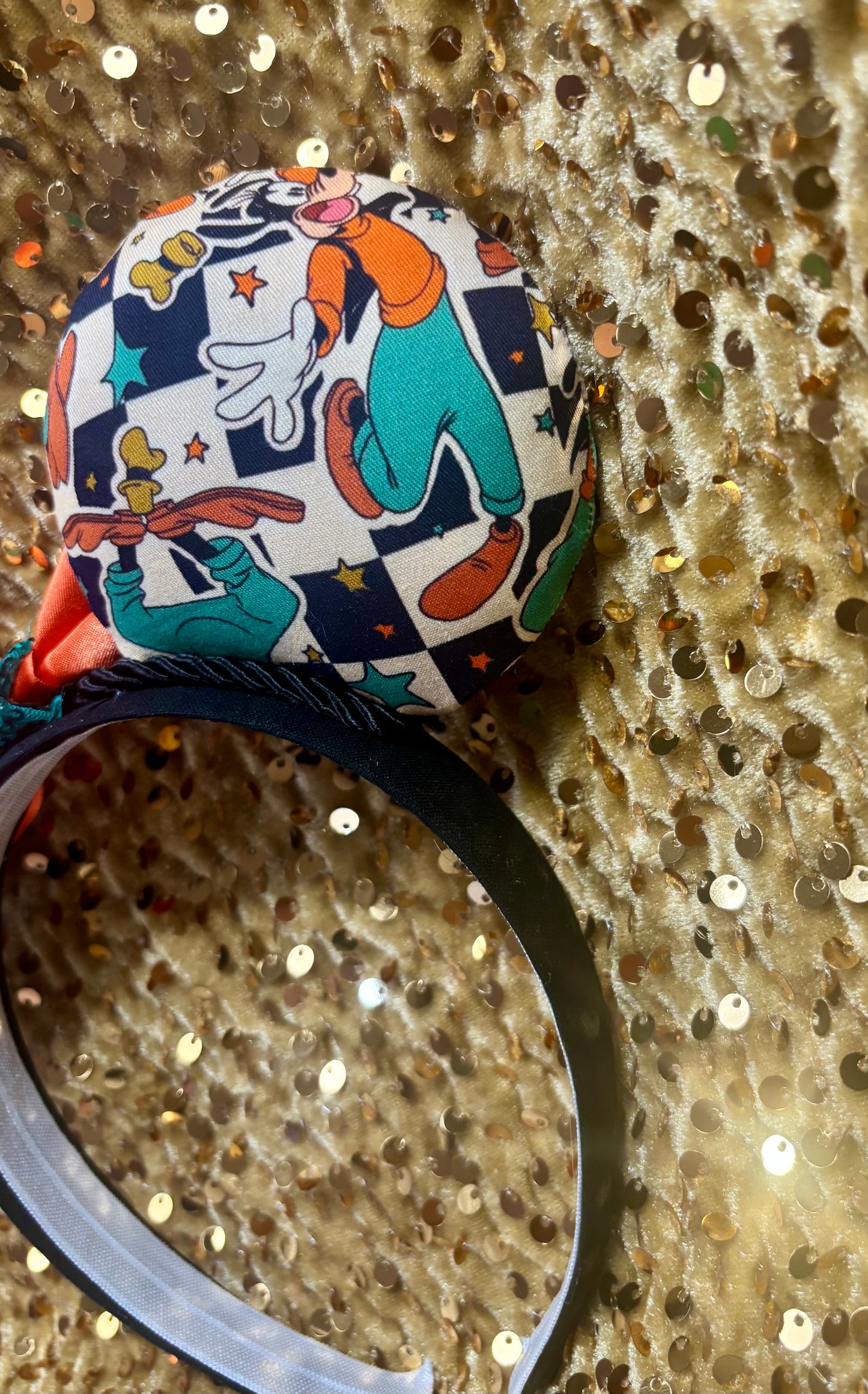 Goofy Mouse Ears | Classic Character Fabric Orange Satin & Turquoise Sequin Bow Headband