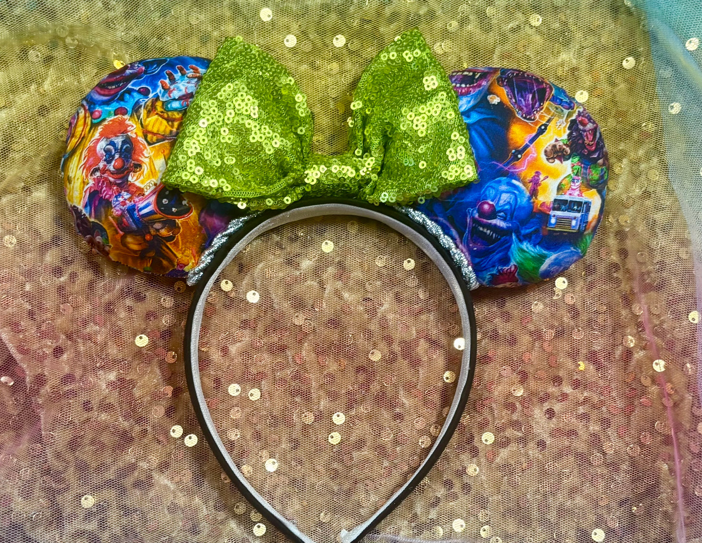 Killer Klowns Mouse Ears | Handmade Horror-Inspired Disney Headband with Lime Green Sequin Bow