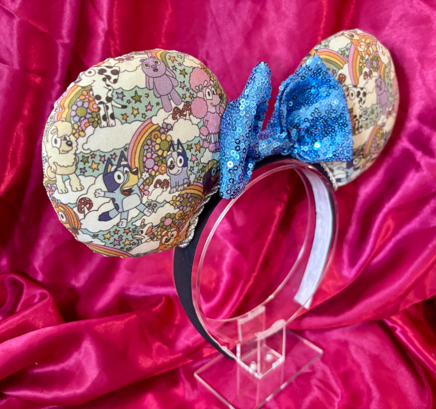 Bluey Inspired Mouse Ears | Handmade Disney Headband with Light Blue Sequin Bow