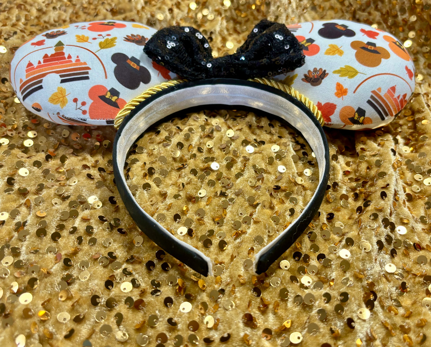 Thanksgiving Mouse Ears | Handmade Fall Disney Headband with Gold Trim & Sequin Bow