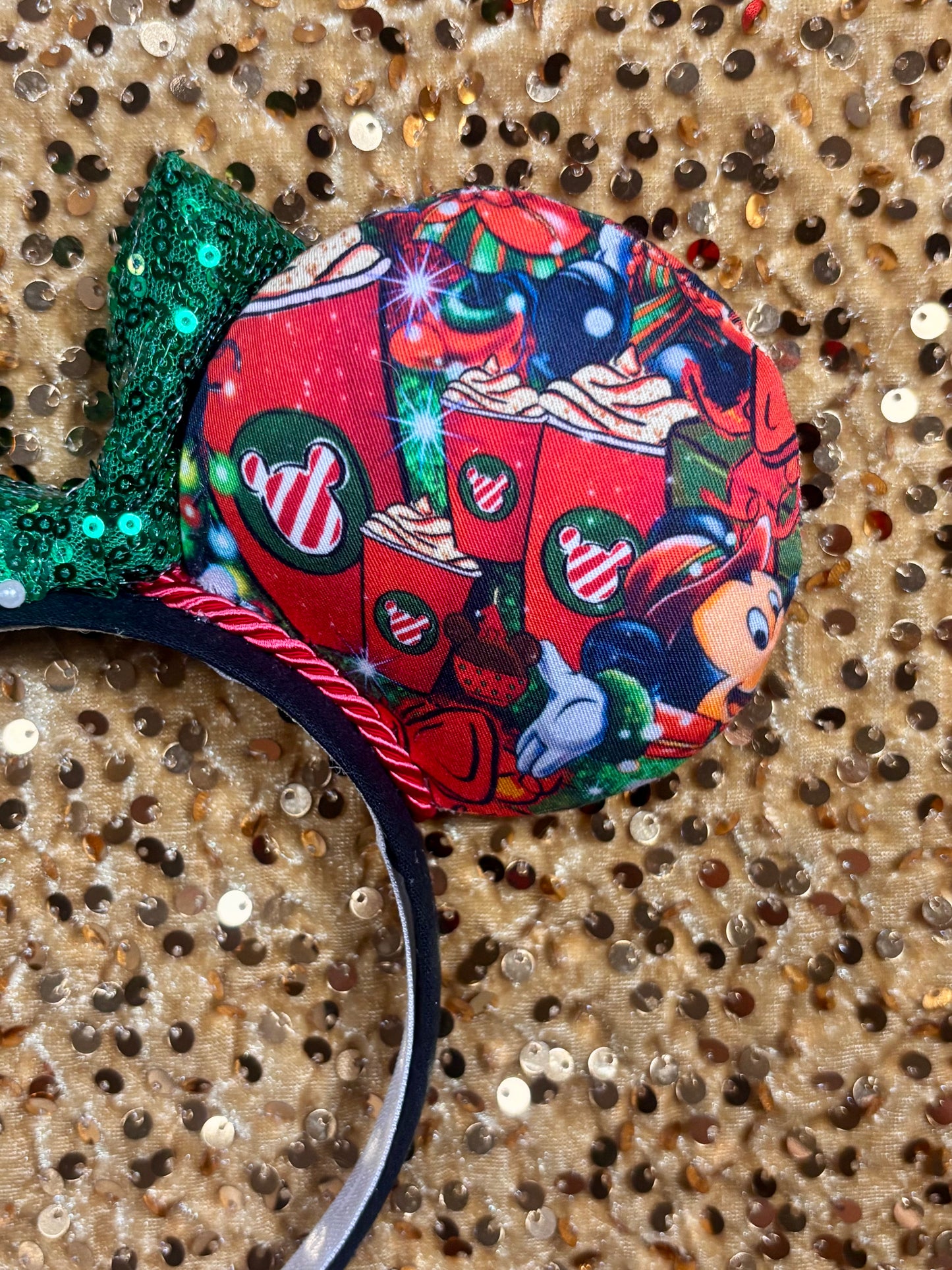Handmade and ready to ship mouse ears with Cartoon characters and coffee cups on the fabric front and back. Set and handstitched to a universal sized headband. Default bow is green, but you can write a note and request any other color if you prefer.