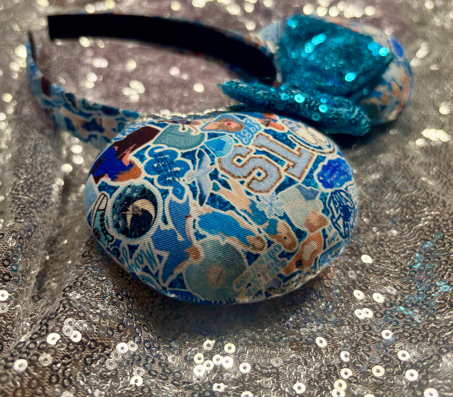 Blue Mouse Ears Headband with Silver Trim & Sequin Bow
