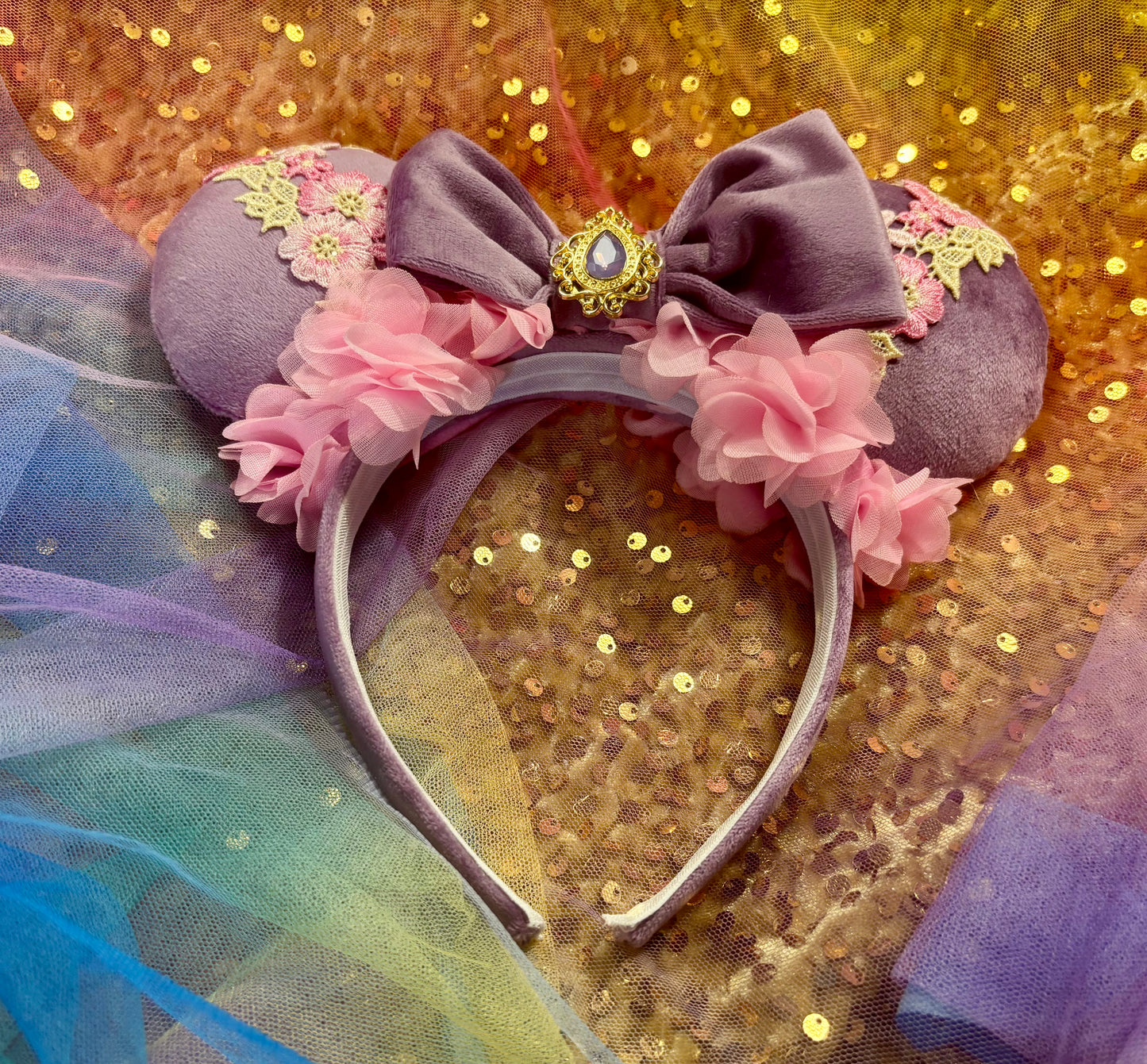 Rapunzel Inspired Mouse Ears | Purple Velvet & Pink Floral Trim Theme Park Headband