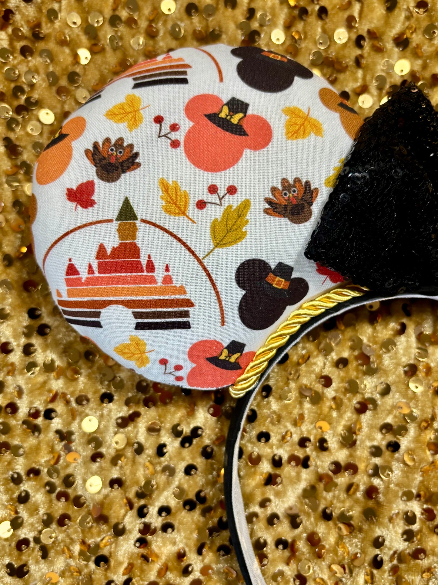 Thanksgiving Mouse Ears | Handmade Fall Disney Headband with Gold Trim & Sequin Bow