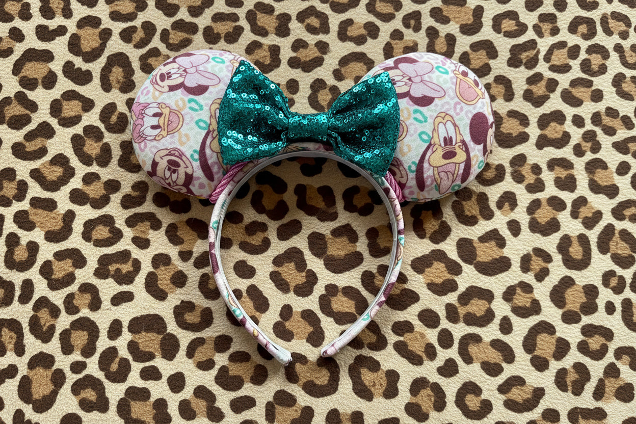 Leopard Print Mouse Ears | Handmade Headband with Pink Plush Bow