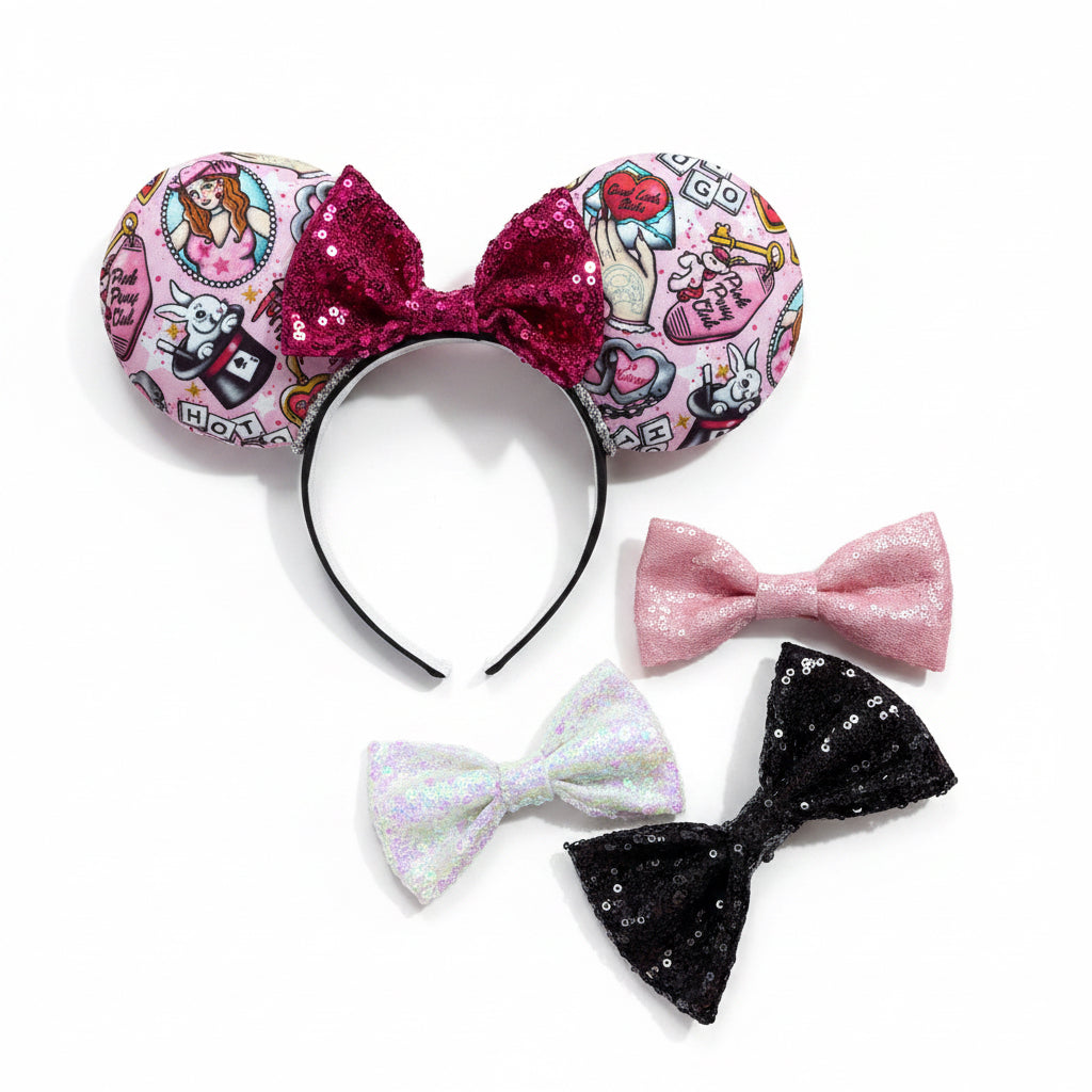 Pink Chappell collage Mouse ears with a hot pink sequin bow on a white background. A light pink, white and black sequin bow is shown in case you want a different color attached.