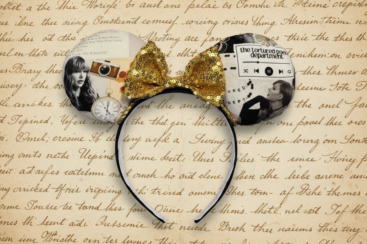 Mouse ear Headband with gold sequin bow inspired by TTPD. Shown on a textured background