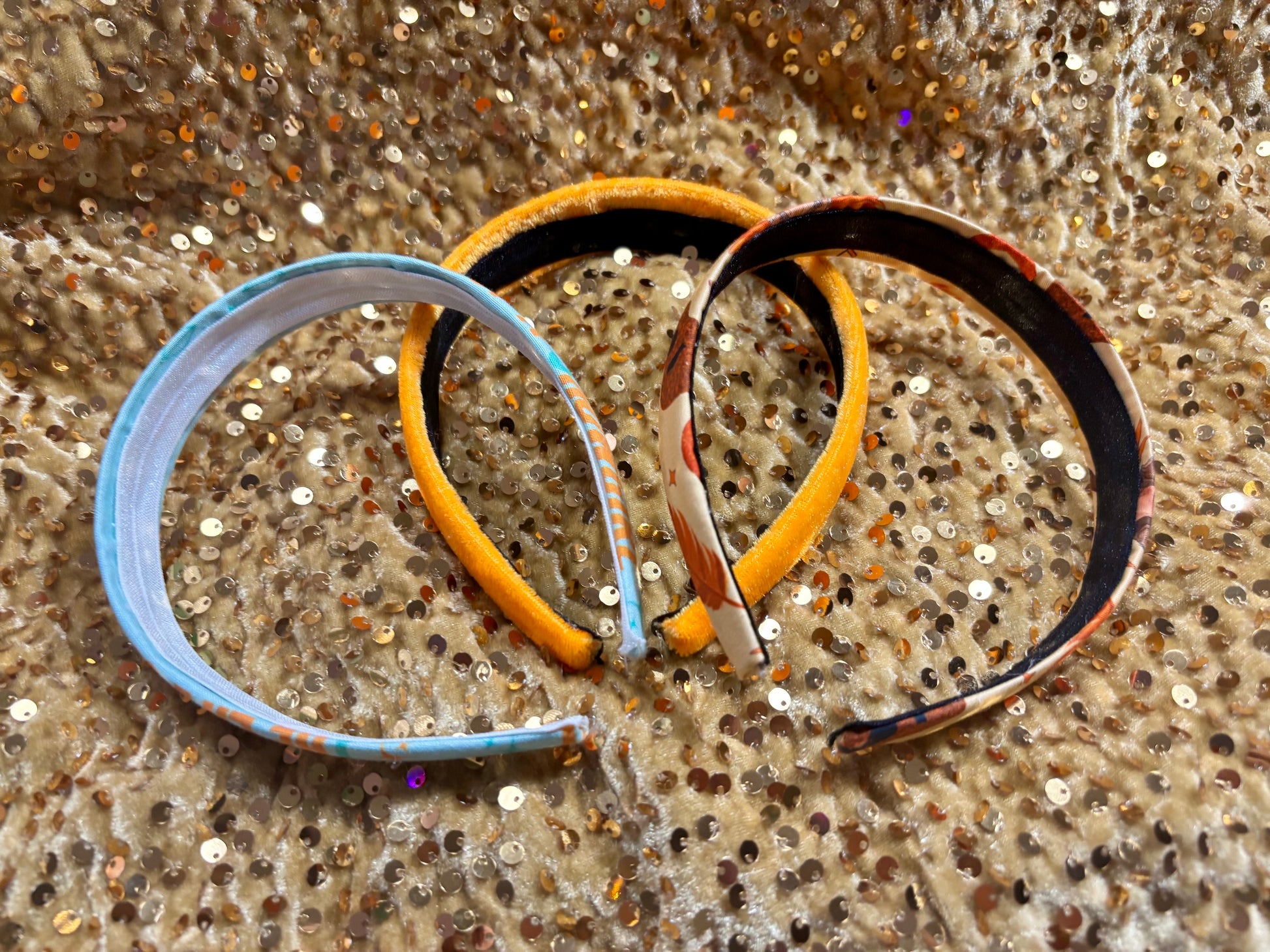 three headbands, showing the elastic lining. Handmade and ready to ship. 