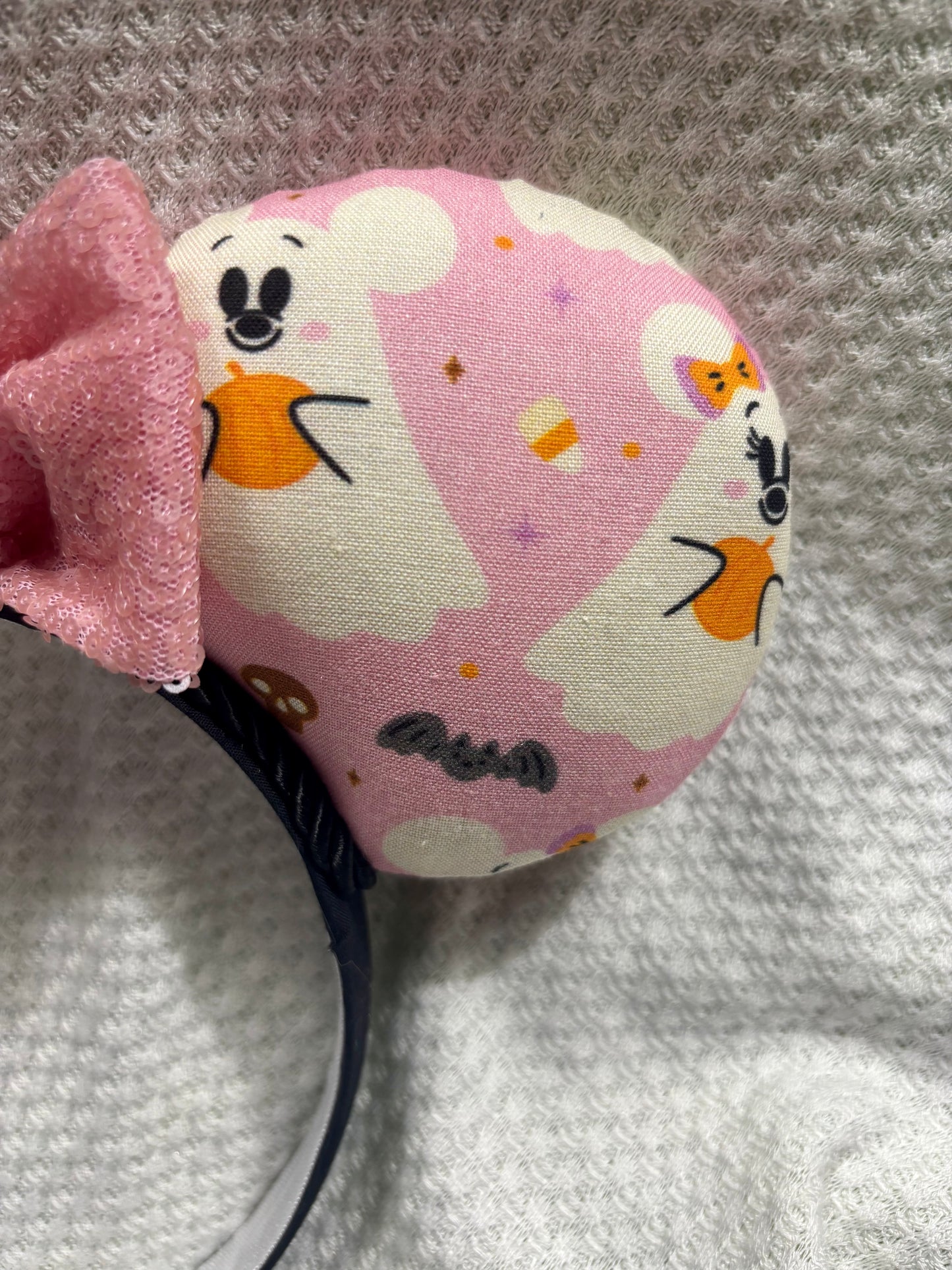 Pink Ghost Mouse Ears | Spooky-Cute Halloween Headband with Pink Sequin Bow