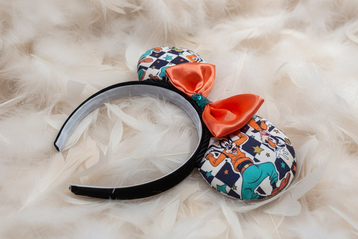 Goofy Mouse Ears | Classic Character Fabric Orange Satin & Turquoise Sequin Bow Headband