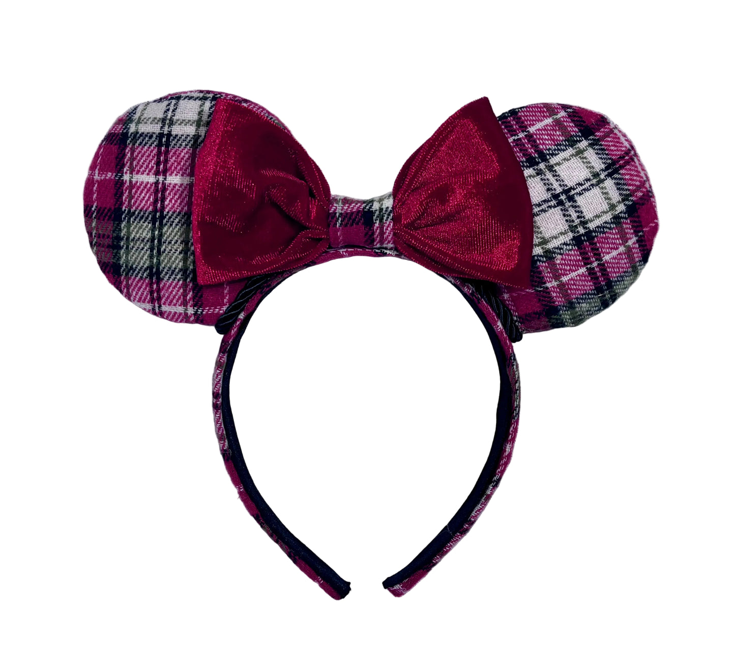 Plaid mouse ears headband with a bow on a textured gray background