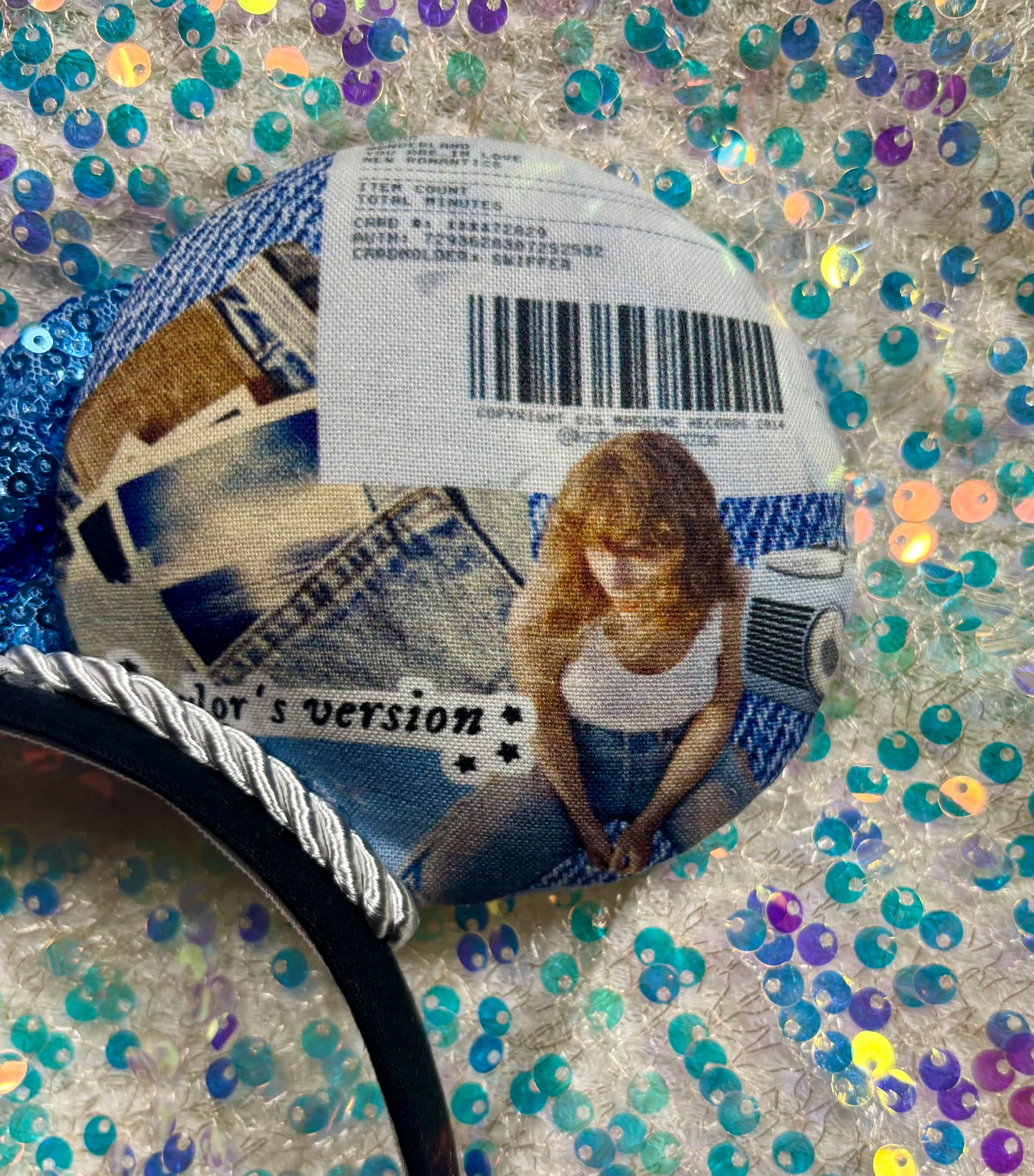 Back right side of mouse ear with an image of TS on the beach. Item is handmade and ready to ship. 