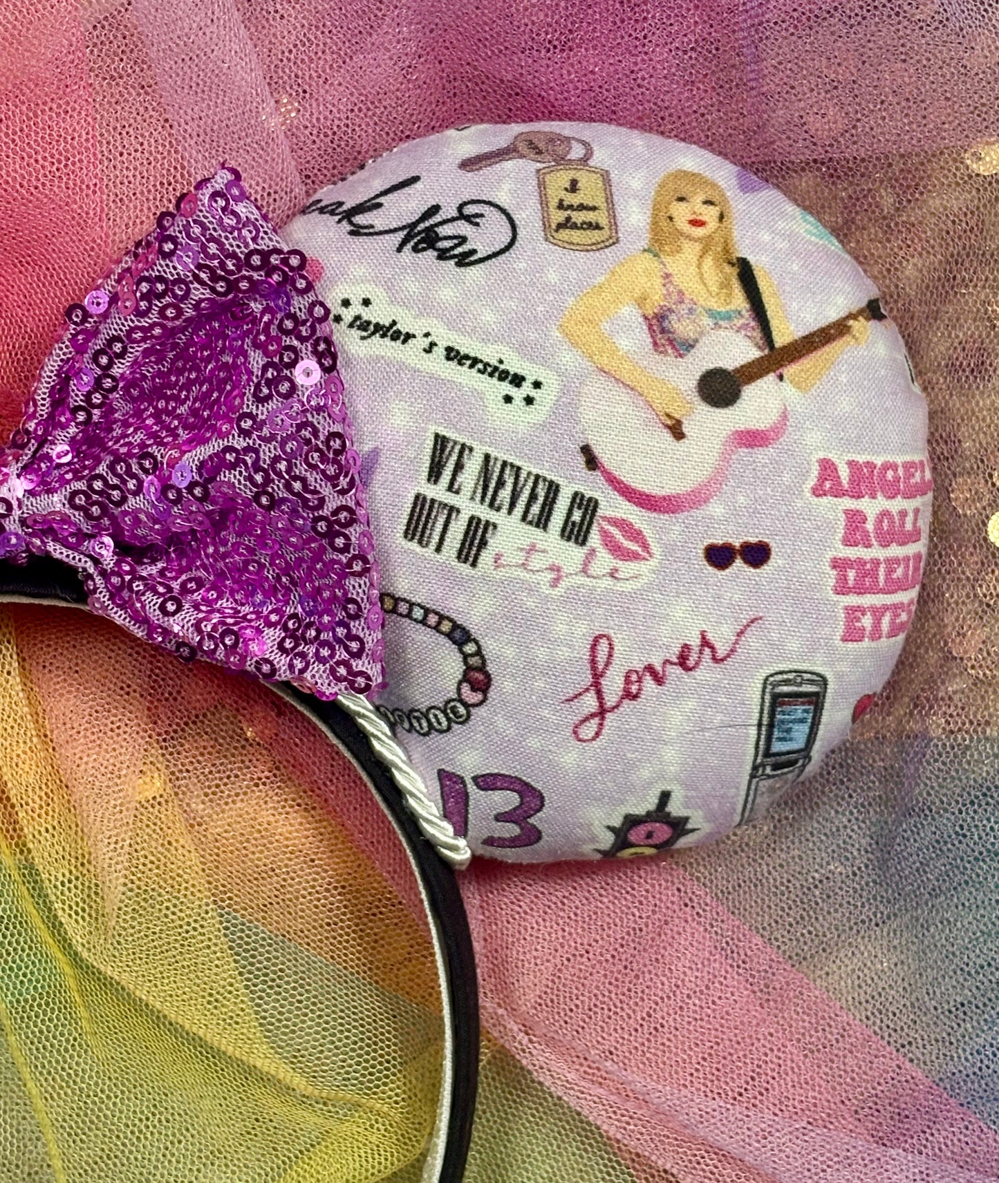 Lilac Taylor Swift Collage Mouse Ears – Handmade Disney-Inspired Headband with Purple Sequin Bow