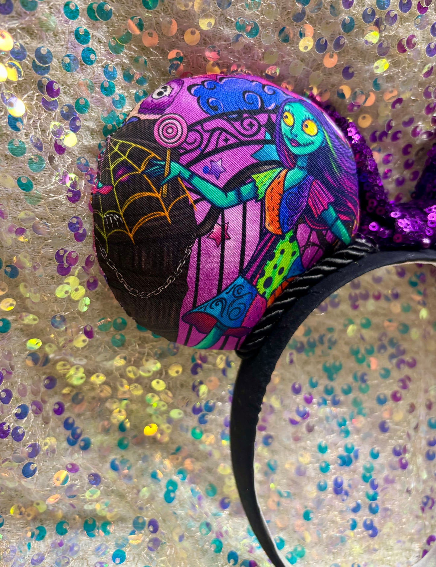 Sally Mouse Ears | Nightmare Before Christmas Patchwork Headband with Sequin Bow