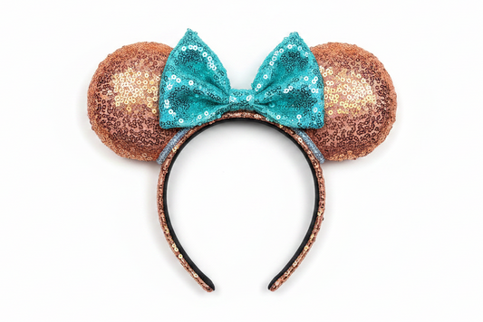For the Showgirls! Orange Sequin Mouse ears with a mint green bow on a white background