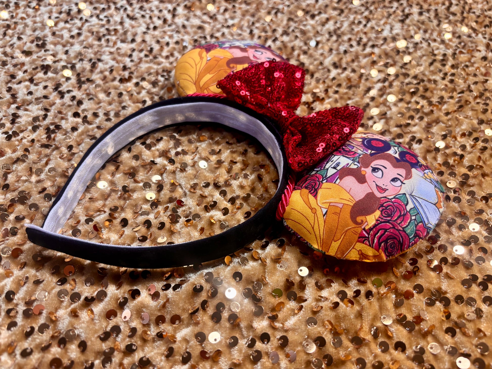 Belle from Beauty and the Beast-themed headband with Belle wearing mouse ears with red twisted trim and a red sequin bow. Handmade and ready to ship. 