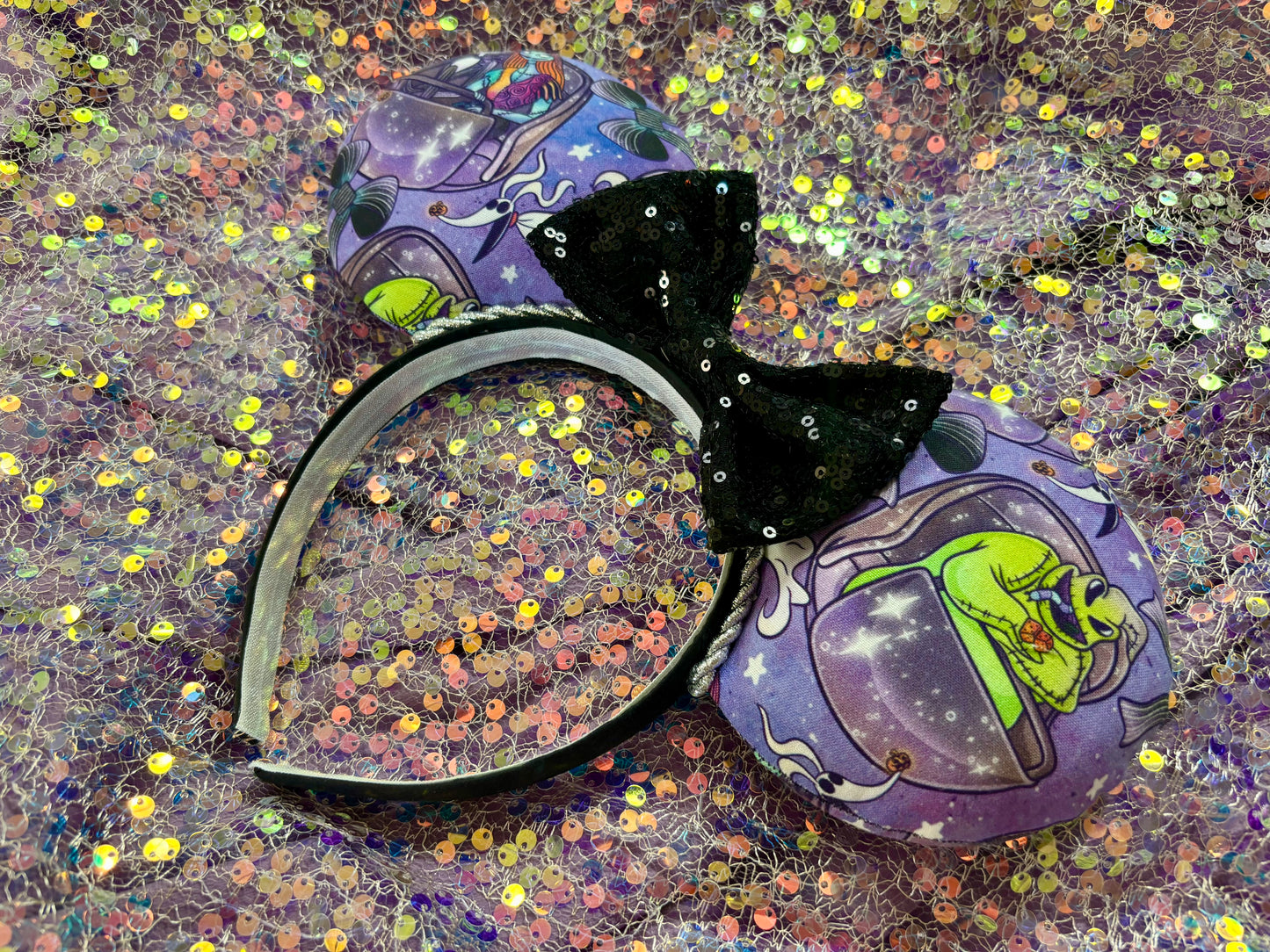 Nightmare Before Christmas x Haunted Mansion Mouse Ears – Handmade Disney Headband with Purple Velvet Bow