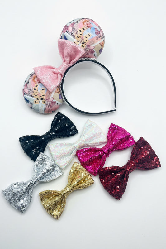 TS Mouse Ears with a light pink bow. also showing other Colorful bow-shaped hair accessories on a white background in case you prefer for me to attach a different bow.