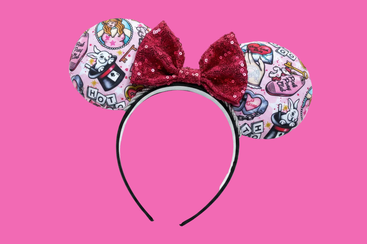 Handmade and ready to ship Mouse ears with a hot pink sequin bow and Chappell cartoon character designs on a universal sized band.