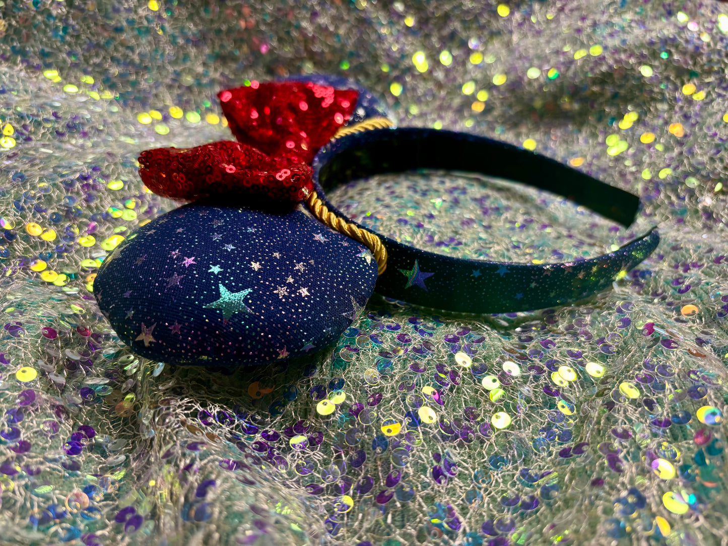 Sorcerer Mickey Inspired Mouse Ears | Galaxy Fabric & Gold Trim Theme Park Headband