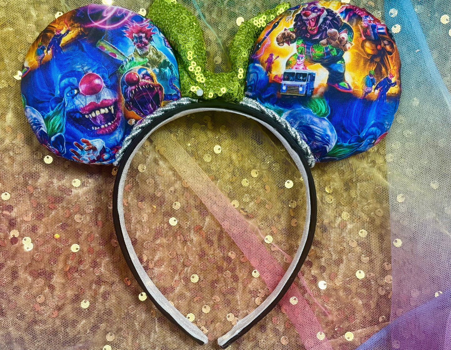 Killer Klowns Mouse Ears | Handmade Horror-Inspired Disney Headband with Lime Green Sequin Bow